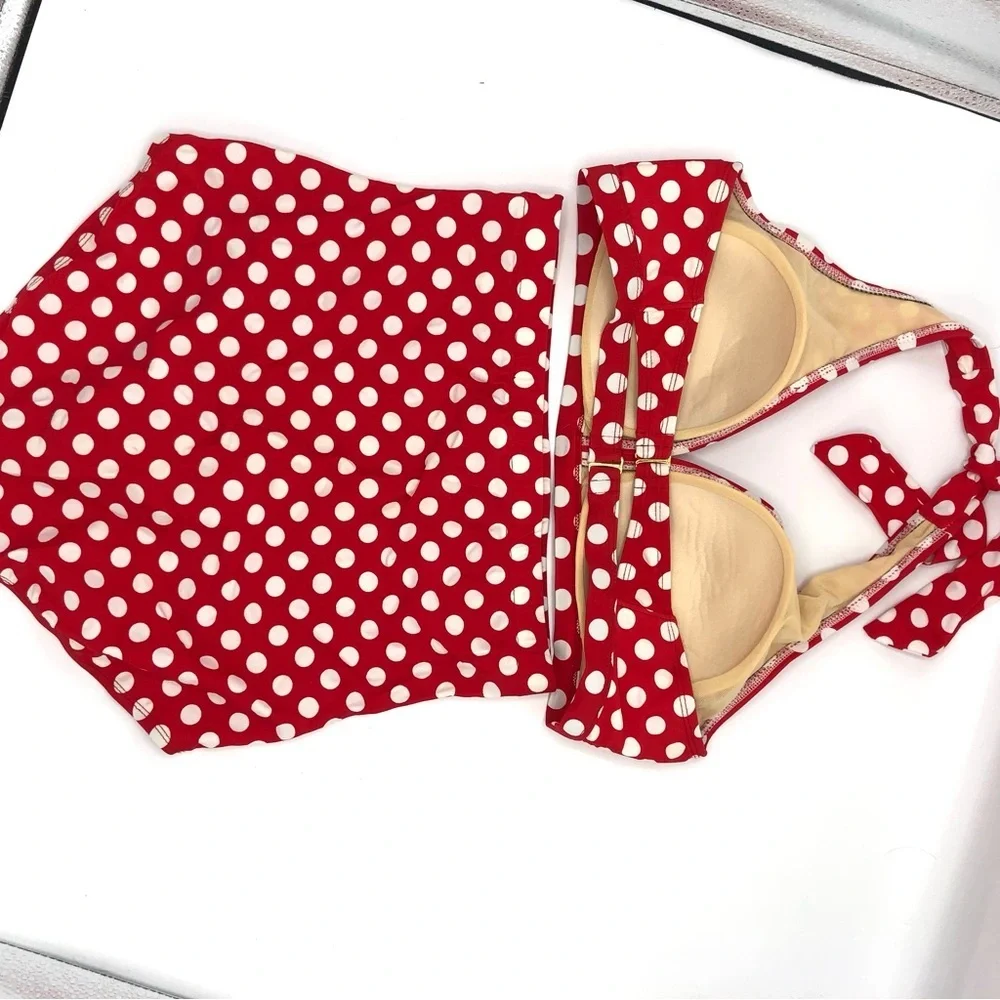 SWIMSUITS FOR ALL Diva Halter High Waist Bikini Set Polka Dot PinUp Rockabilly12
